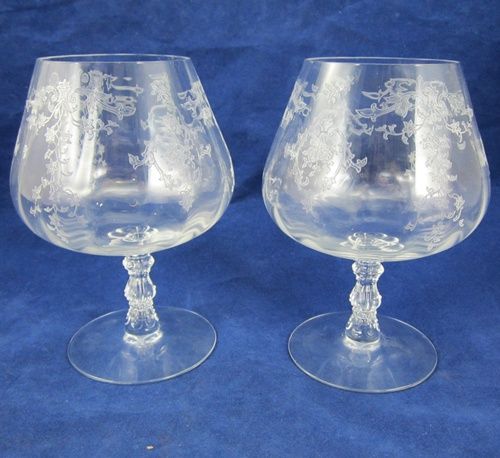 Fostoria Elegant Navarre Brandy Snifter Glasses Floral Etched 