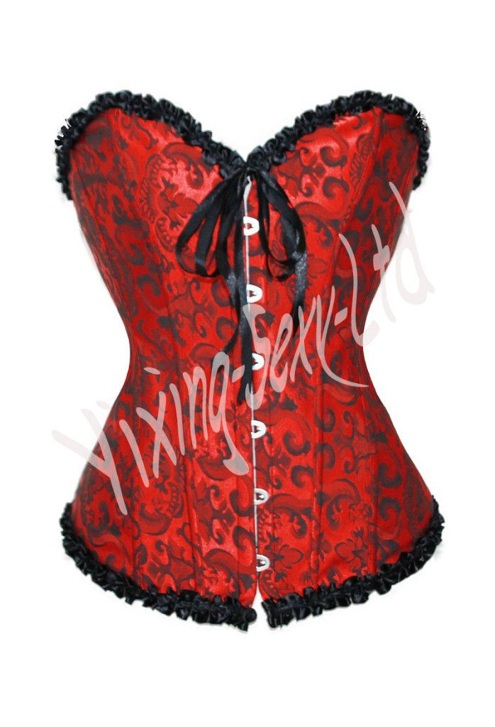 A08RB Mnew Womens Brocade Red Black Boned Overbust Cincher Corset 