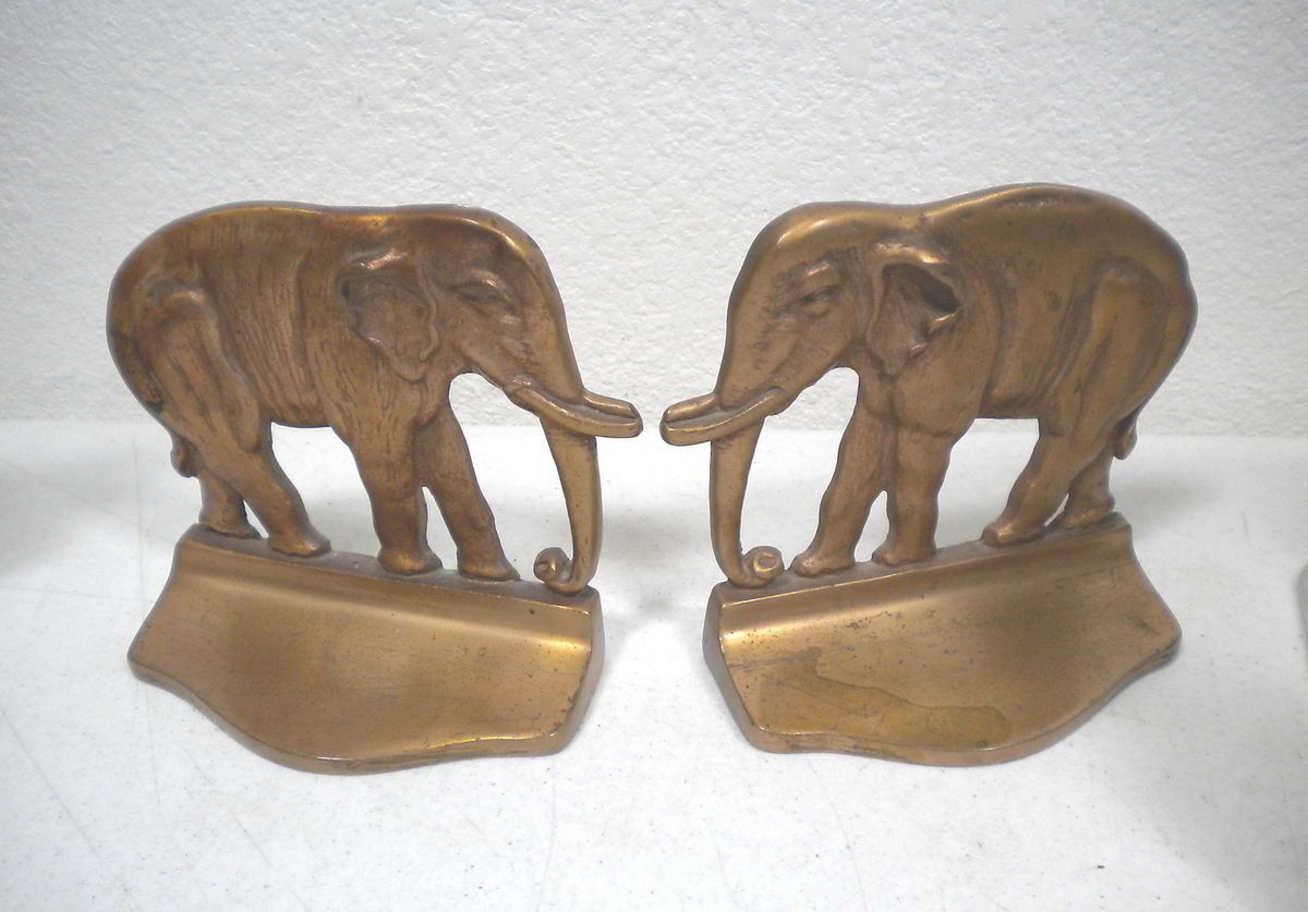 Vintage Antique Heavy Cast Bronze Elephant Bookends