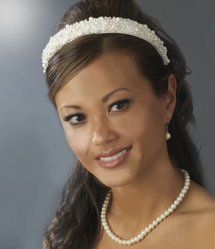White Bridal Headband w Swarovski Crystals Rhinestones and Pearls 