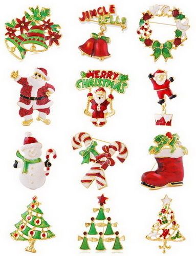 W17034 12pcs Mix Styles Xmas Theme Enamel Brooches Pins