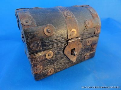 MINIATURE IRON BOUND WOODEN PIRATE TREASURE CHEST DOME TOP BOX 