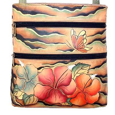 Anuschka Travel Cross Body Gen. Leather Handbag Hibiscus Butterfly 