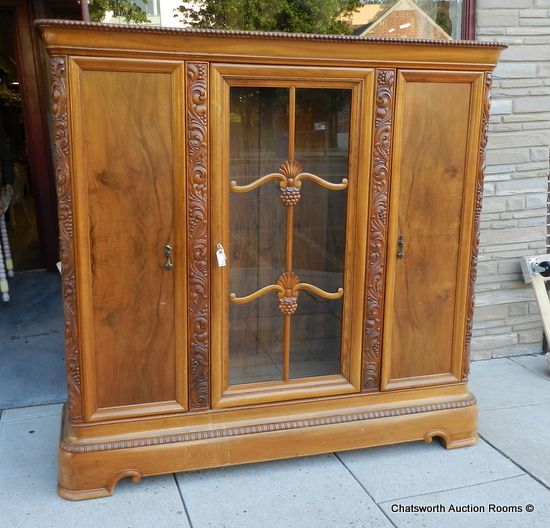 Burl Carved Walnut 1920s German Austrian Glass Door Armoire Cabinet 