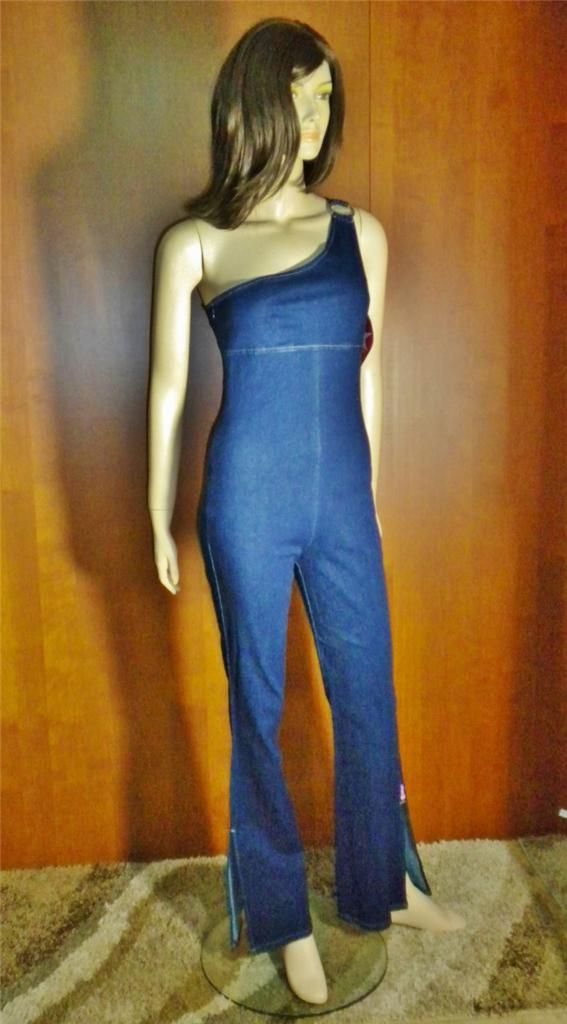 70s Bubblegum Stretch Blue Denim Flare One Shoulder Sleeveless 