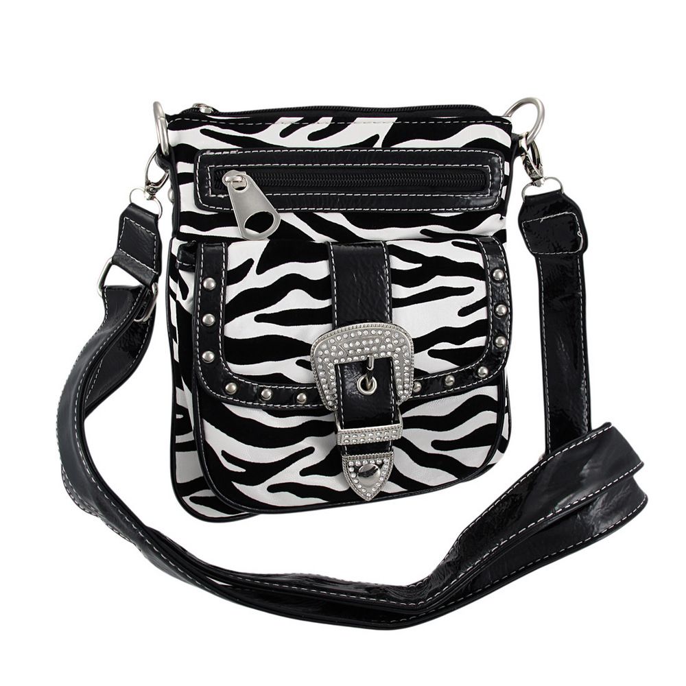 Zebra Print Rhinestone Buckle Messenger Bag Black Trim