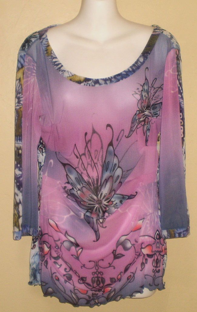ANAC Mesh Floral Butterfly Top Shirt Sz M Medium Purple Pink