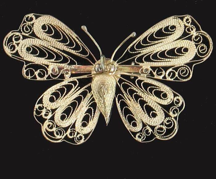 Vintage Deco Silver Filigree Wire Butterfly Pin in Box