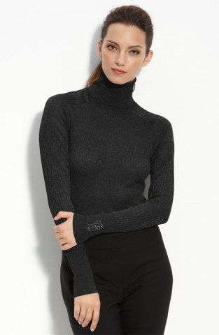 225 Tory Burch Caleb Semi Sheer Black Ribbed Turtleneck Top Size XL 