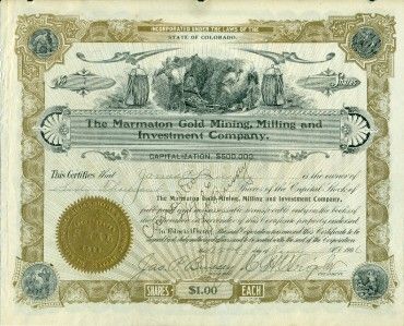 Marmaton Gold Mining Milling Colorado Stock Certificate