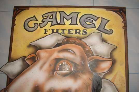 LARGE VINTAGE HAND PAINTED WOODEN CAMEL CIGARETTES DISPLAY SIGN