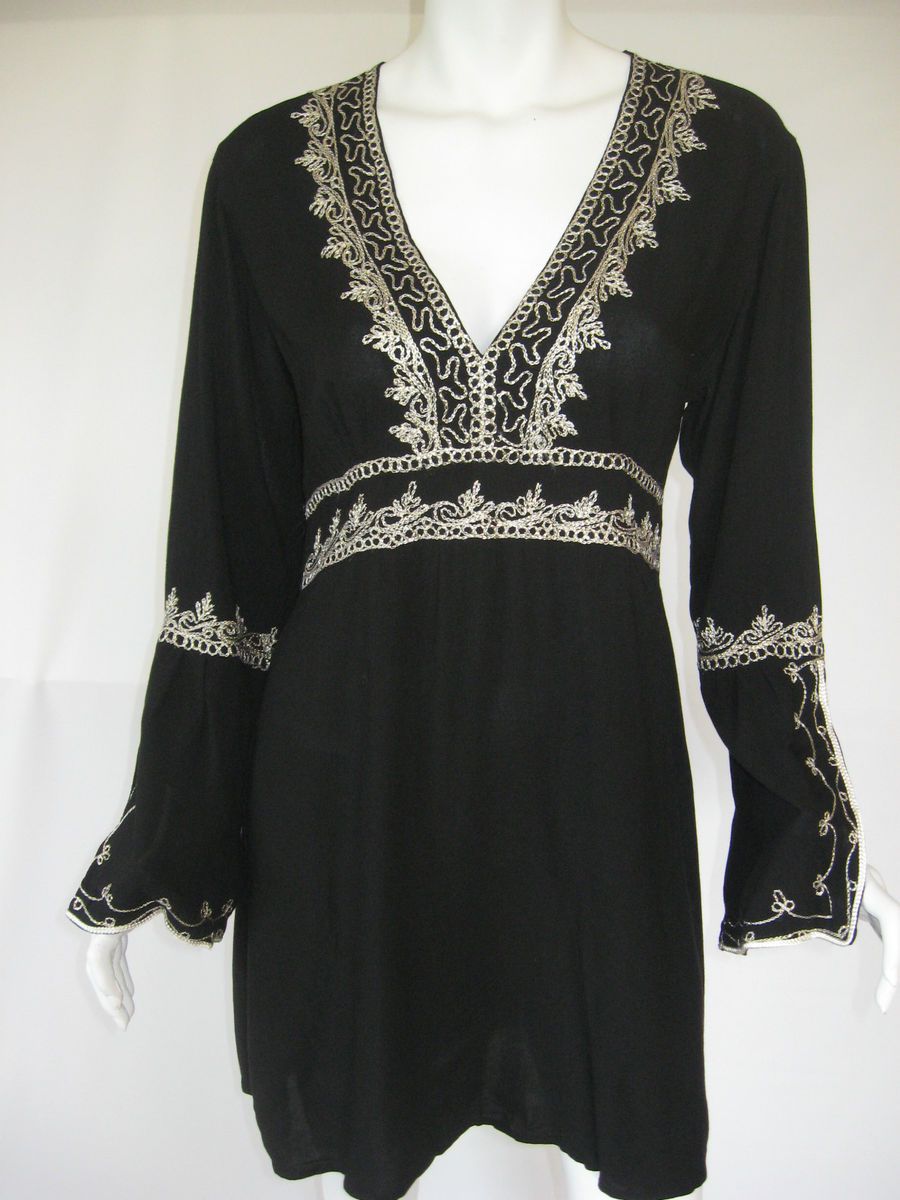 EMMA CAINE CALYPSO ST BARTH BLACK EMBROIDED COTTON TUNIC TOP Size M 