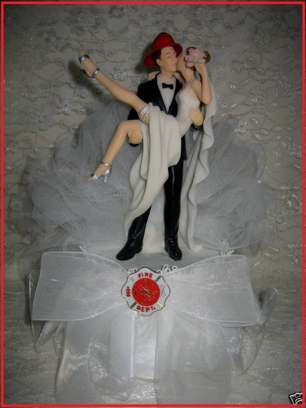 Funny Sexy Axe Fireman Wedding Kissing Cake Topper