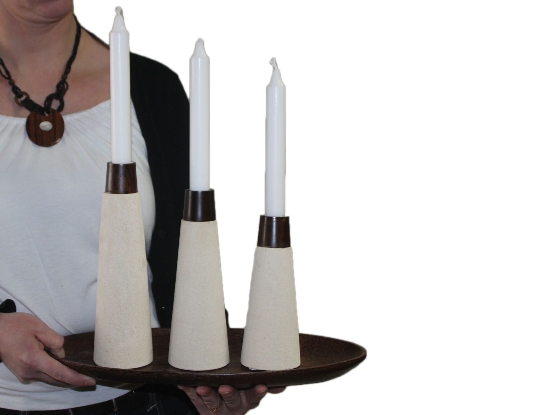   Wood and Sandstone Set of 3 Stick Candle Holder Column Pillar