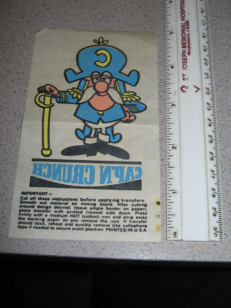 Capn Capt Captain Crunch 1960s Cereal Box Premium Iron Rub on Transfer 