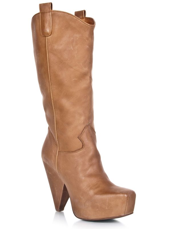 Jeffrey Campbell Giddyup Brown Tan Knee High Mid Calf Western Boot Sz 