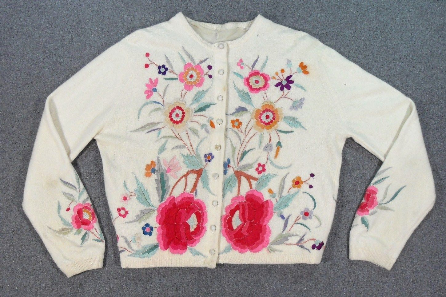 Vtg 50s Helen Bond Carruthers Embroidered Applique Cashmere Cardigan 