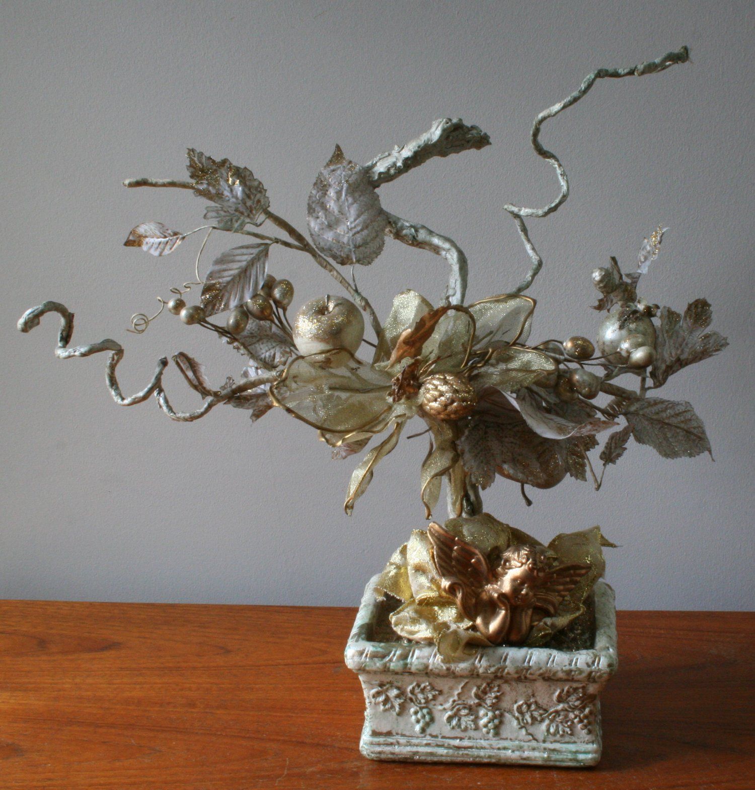 White Gold Fruit Silk Floral Angel Winter Centerpiece