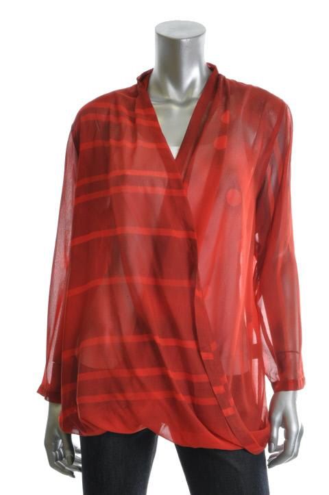 Vena CAVA New Discman Red Polka Dot Striped Faux Wrap Long Sleeve 