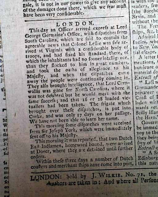 1780 Charles Cornwallis Proclamation Revolutionary War Old Newspaper 