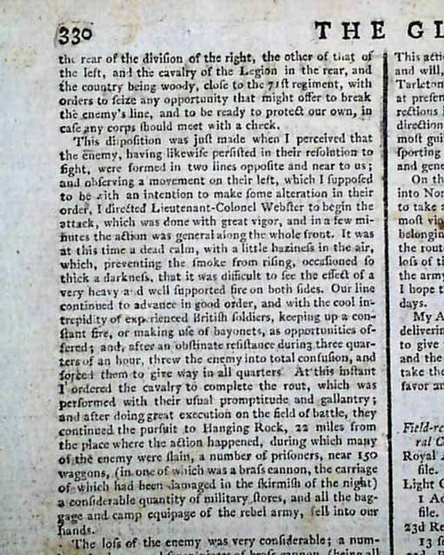   War Newspaper BATTLE OF CAMDEN SC Charles Lord Cornwallis