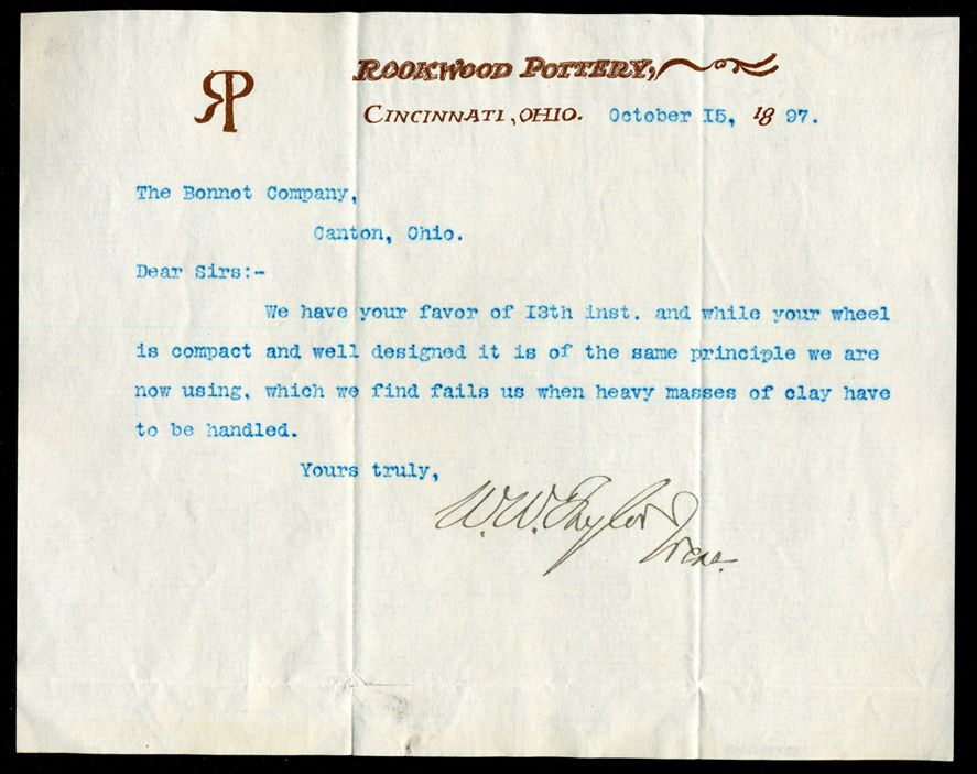 1897 Rookwood Pottery Letterhead Regarding Bonnot Co Pottery Wheel 
