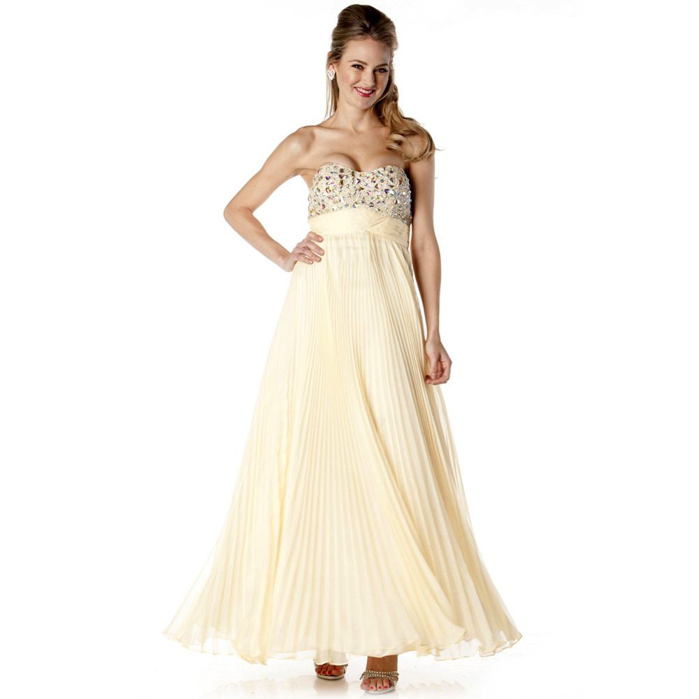 Empire Waist Champagne Rhinestone Formal Prom Gown Cocktail Maxi Dress 