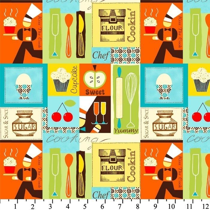 Chef Cherry Apple Retro Cooking Patchwork Italian kitchen fabric 