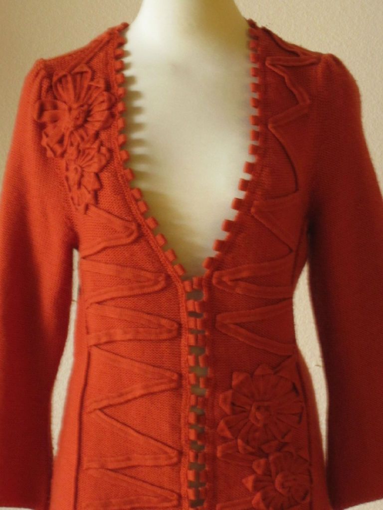 Anthropologie Charlie & Robin rust orange wool rosette trim cardigan 