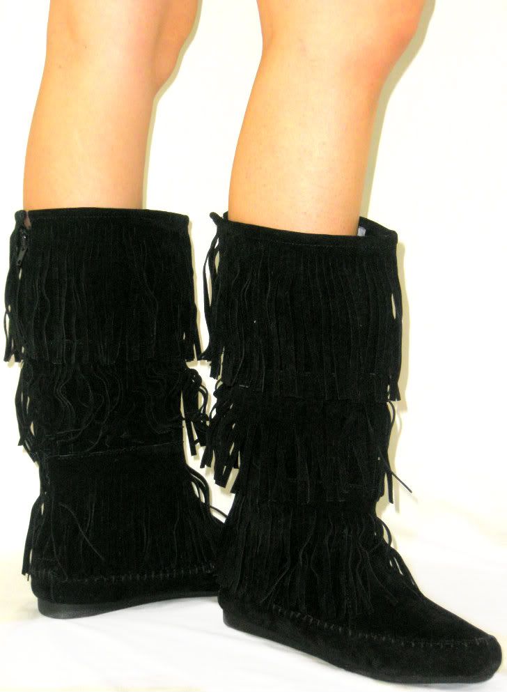 Cherokee Indian Faux Suede Moccasin Fringe Tassel Flat Boots Mid Calf 