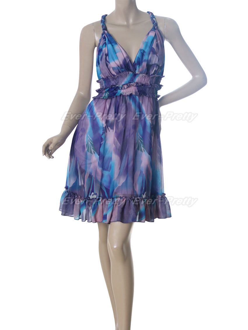 Empire Line Chiffon V Neck Halter Printed Purples Party Dress 03357 AU 