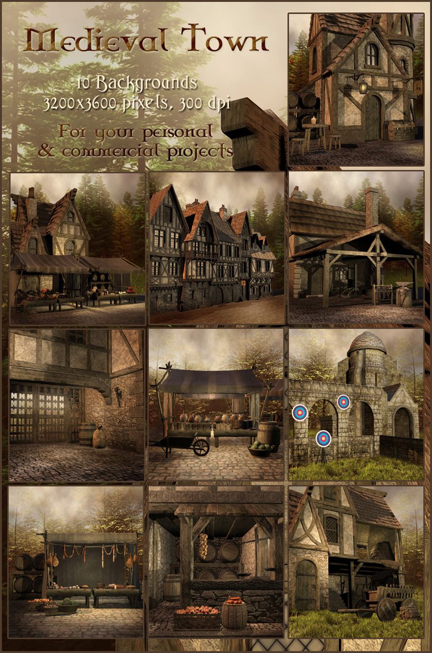 Medieval Town Digital Fantasy Fairytale Backgrounds Backdrops