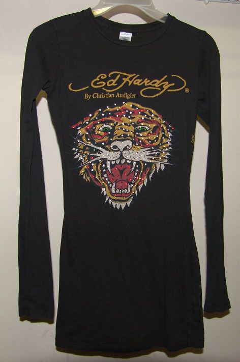 Christian Audigier Ed Hardy Rhinestone Embellished Black Tiger Tee