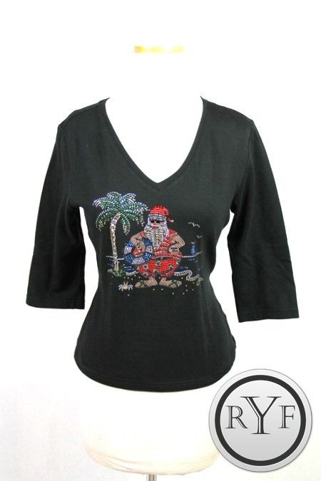 SANTAS VACATION ~CHRISTINE ALEXANDER Black RHINESTONE VNeck SHIRT Top