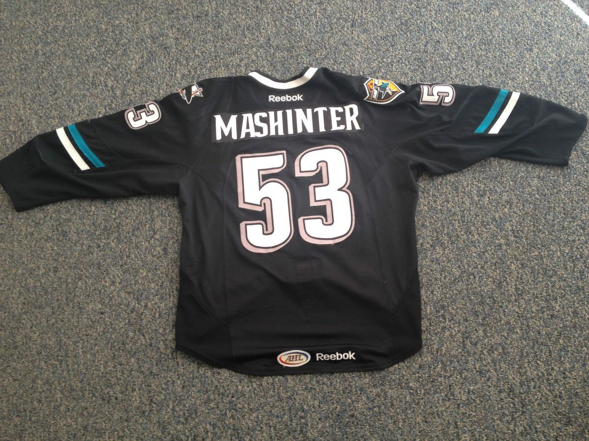 Brandon Mashinter 53 Worcester Sharks 2011 2012 Black Game Worn Jer