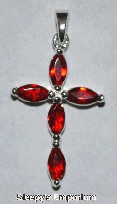 Garnet Stone Cross Shaped Cluters Sterling Silver Pendant Brand New