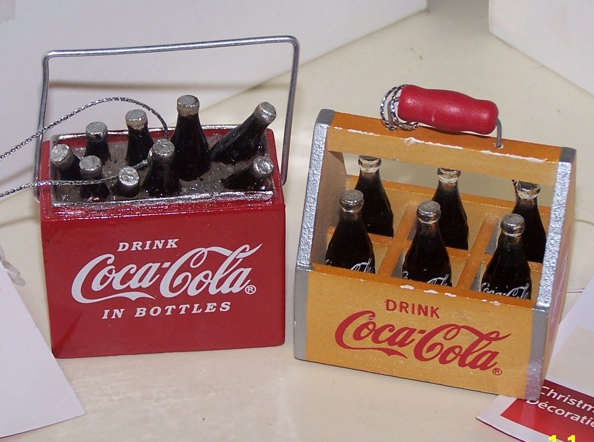 COCA COLA BOTTLE 6 PACK AND VINTAGE COOLER W/ BOTTLES & ICE ORNAMENTS