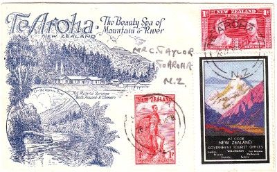 new zealand 1938 te aroha cover and mt cook label