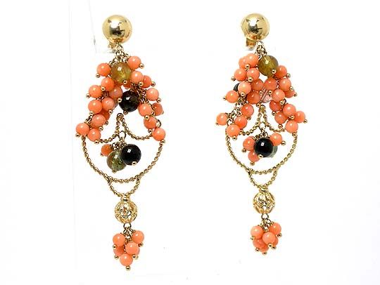 STARTLING VINTAGE 14k YELLOW GOLD & CORAL & ONYX CHANDELIER EARRINGS