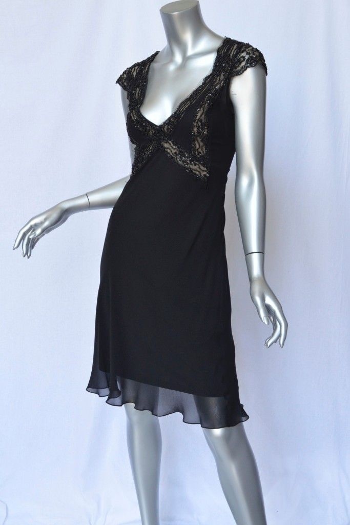 Collette Dinnigan Black Silk Regally Beaded Lace Applique Evening