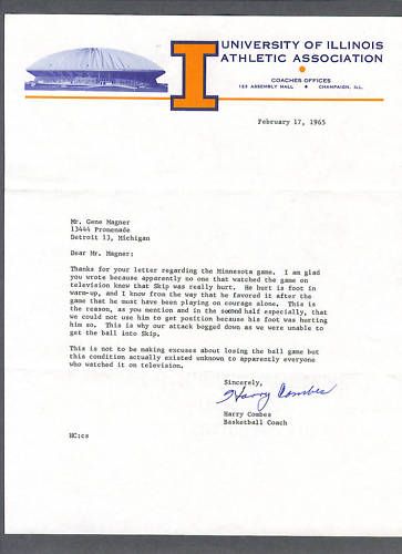 Harry Combes Signed University of Illinois 1965 Letter
