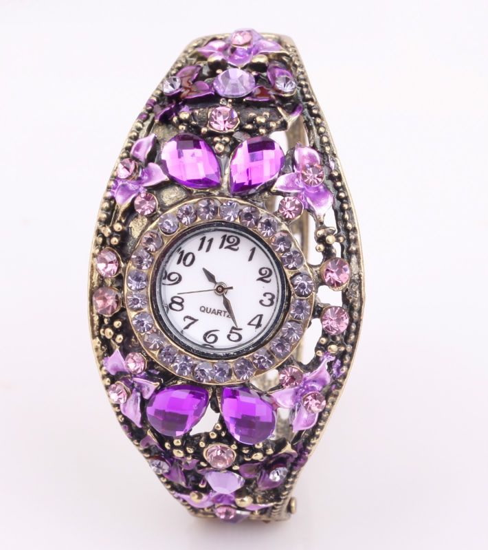  Costume Jewelry Crystal Rhinestone Flower Open Alloy Cuff Bangle Watch