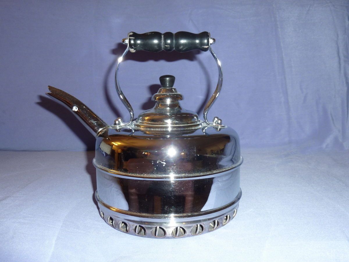 SIMPLEX ENGLAND CHROME ON COPPER GAS RANGE WHISTLING TEA KETTLE