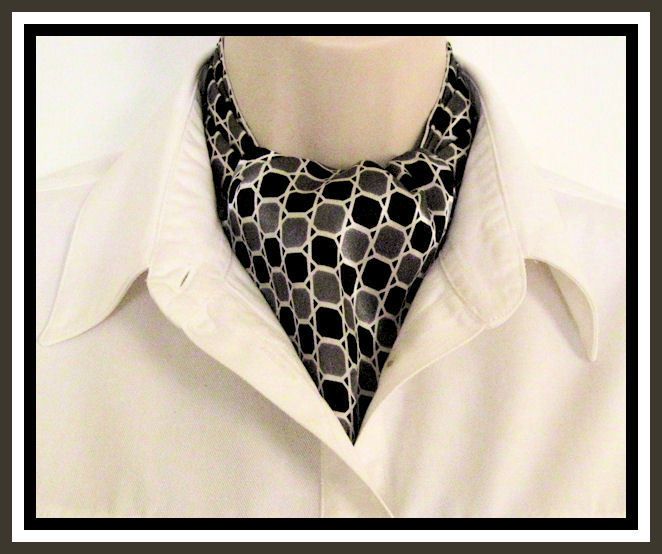 New Ascot Tie Cravat Formal or Casual Black White Gray Hexagons