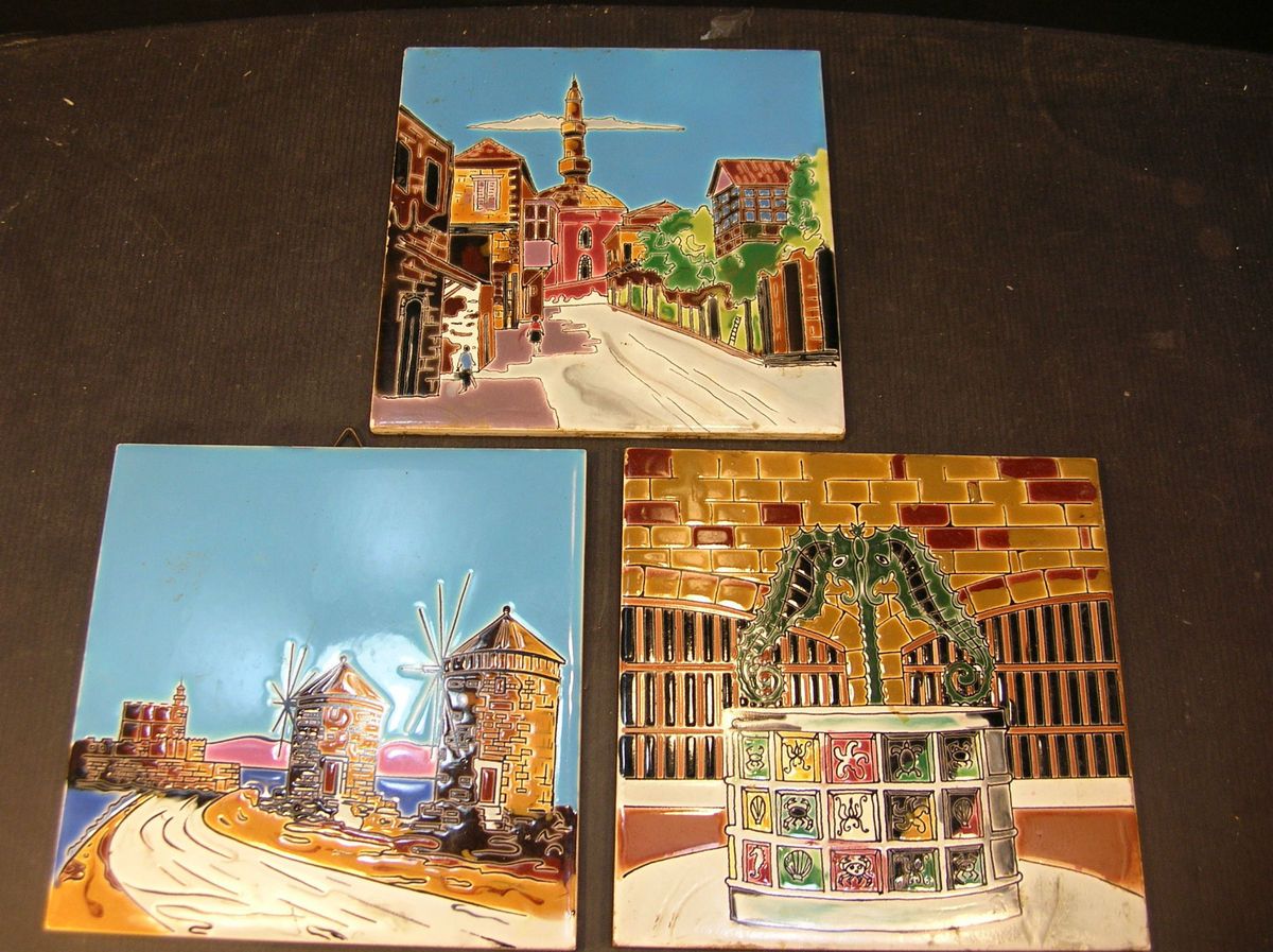 Lot of 3 Nassos Paradissi Rodos Hellas Tiles Windmill Fountain City