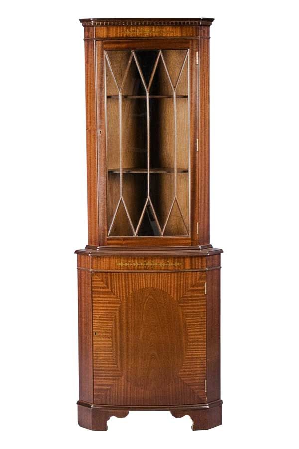 Brass Inlaid English Mahogany Antique Corner Cabinet