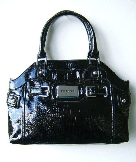  100 AUTHENTIC GUESS EMBER BLACK PATENT CROC EMBOSSED HANDBAG PURSE BAG