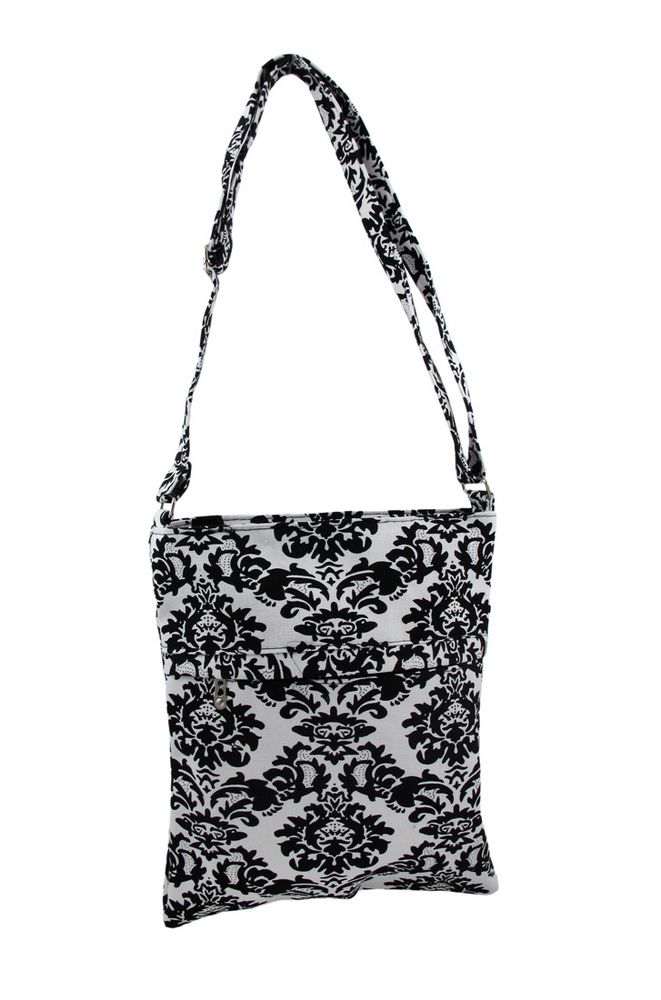  and Black Damask Print Canvas Crossbody Bag Color White Black