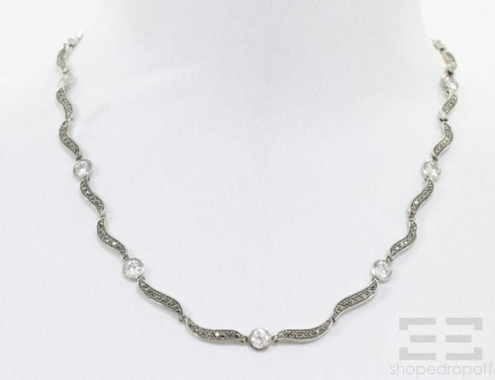 Designer Sterling Silver Pave Marcasite Cubic Zirconia Necklace