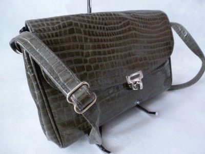 FAB CROUCH & FITZGERALD NY HUNTER GREEN CROCODILE EMBOSSED LEATHER